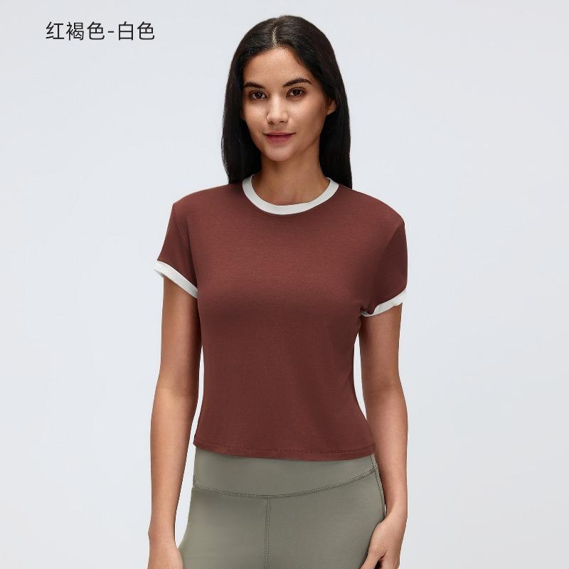 Contrasting Color Front Shoulder Short Sports Short-sleeved T-shirt Women's Summer Solid Color Round Neck Sports Yoga Top