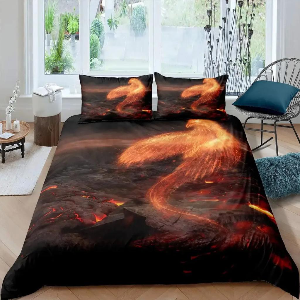 Dragon and Phoenix Duvet Cover Set Full Queen Size, Fantasy World Monster Gothic Bedding Sets Bohemian Mandala Comforter Cover