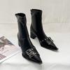 2025 autumn and winter pointed belt buckle thick heel short boots women's European and American style high heel rear zipper soft leather thin shor