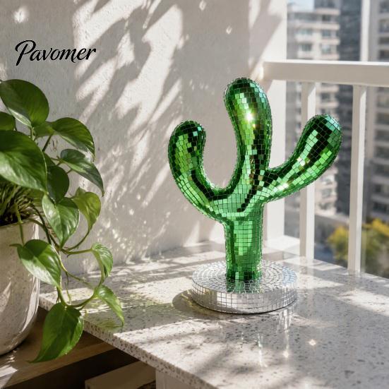Decorative Object for Entryway Table Disco Ball Cactus Statue, Green Mirror Mosaic Decor, Retro Decor Ornament Home Christmas Party Display