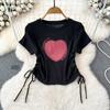 Summer New Heart Design Sweet Tops Spice Girl Round Neck Love Printing Drawstring T-shirt Casual Women Short Sleeve Fashion Blouse