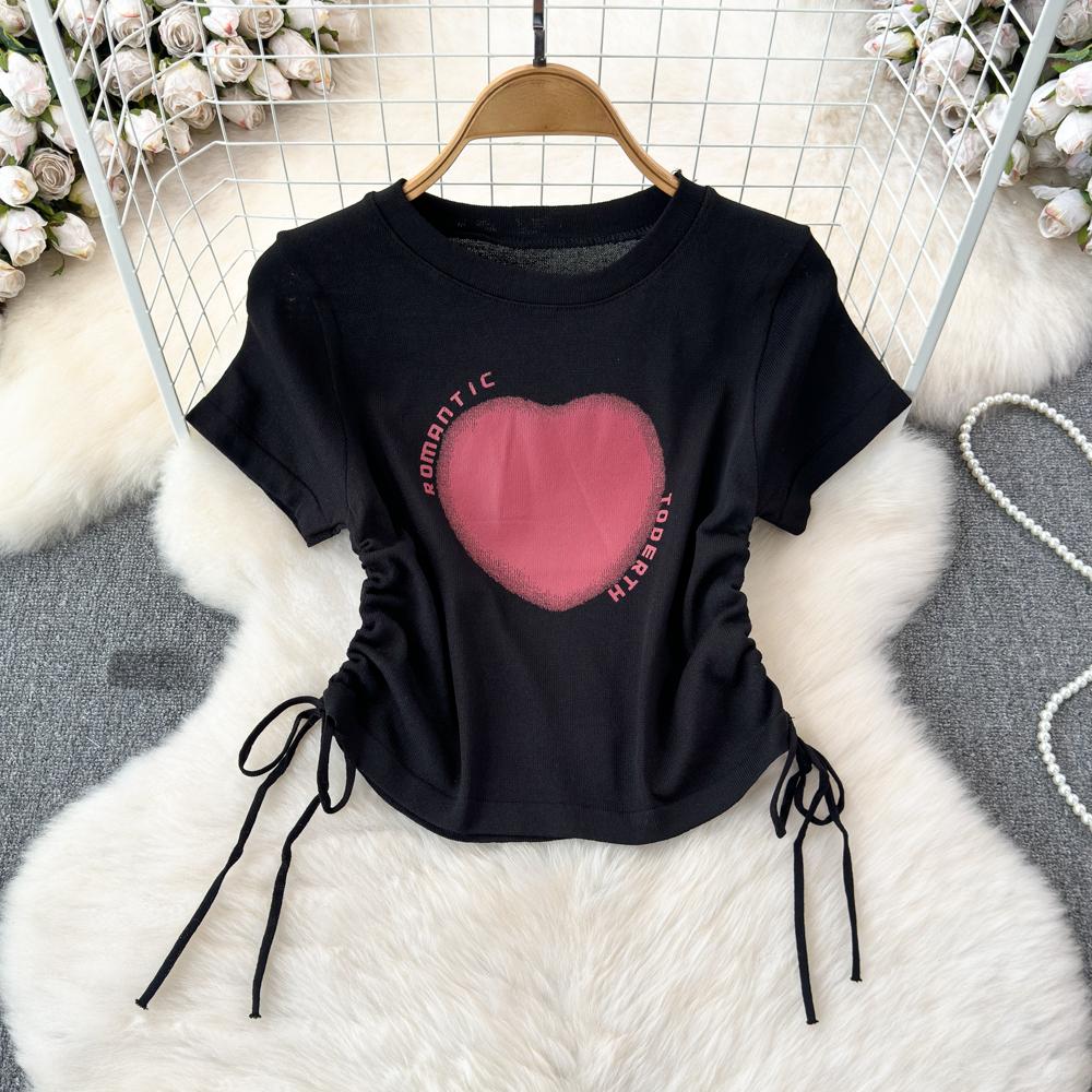 Summer New Heart Design Sweet Tops Spice Girl Round Neck Love Printing Drawstring T-shirt Casual Women Short Sleeve Fashion Blouse