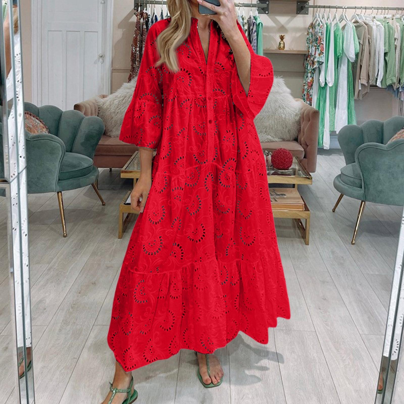 

Женское модное платье с V-образным вырезом, однотонное, большого размера, свободное, длинное, с большим клешем, с рукавами 3/4 XXXL красный