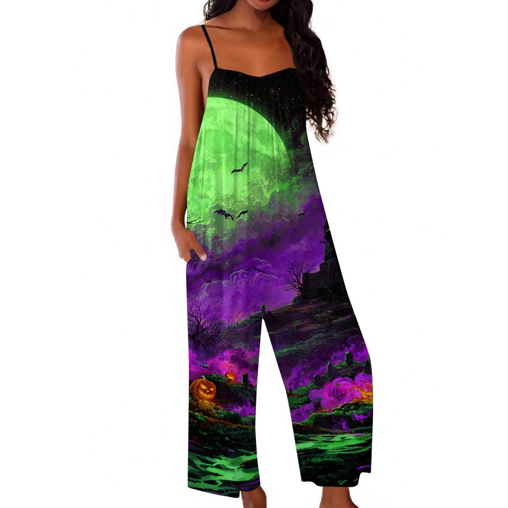 Women Halloween Printed Loose Jumpsuit Casual Sleeveless Wide Leg Romper Comfortable Fit for Seasonal Wear