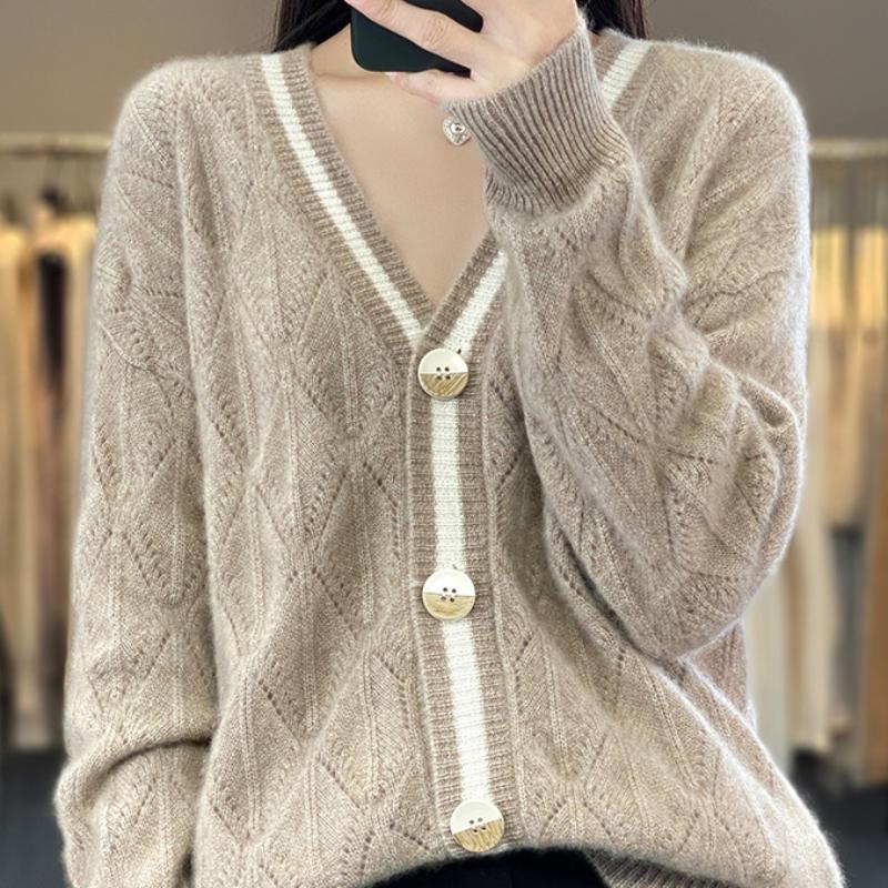 V-neck Cardigan Diamond Hollow Cardigan for Women Spring and Autumn Relaxed Fit Lazy Contrasting Wool Knitted Jacket Top