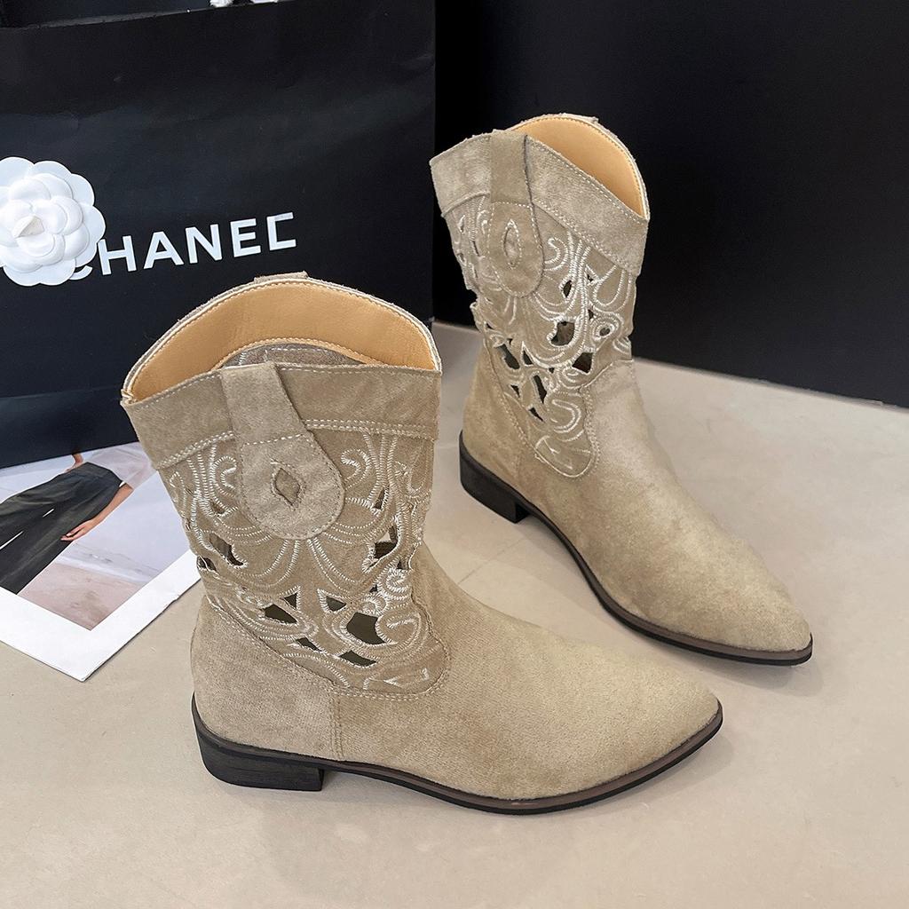 Fashion New Women's Luxury Western Cowboy Boots Embroidered Hollow Women's Thick Heel Knight Boots Retro Casual Ancient Short Boots