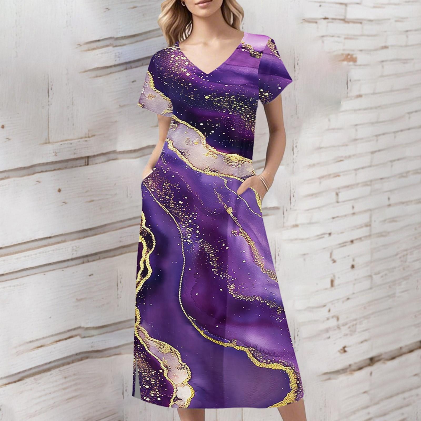 

Женское платье с принтом, пляжное платье с коротким рукавом и карманами, повседневное платье с V-образным вырезом и разрезом сбоку XL фиолетовый