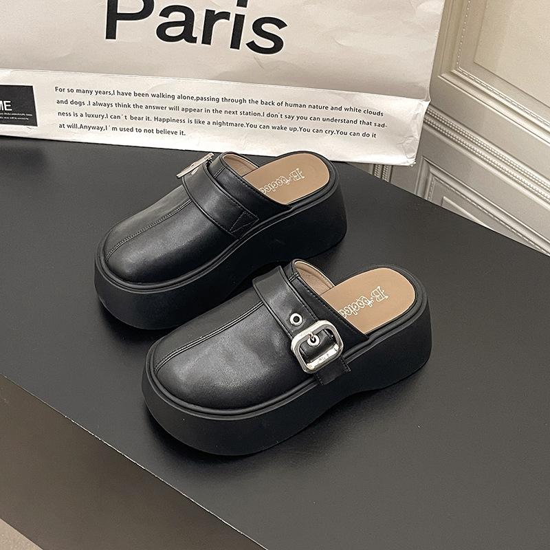 French belt buckle non-slip bag head half slippers women's 2025 new summer heightened thick bottom outer wear one pedal sandals tide