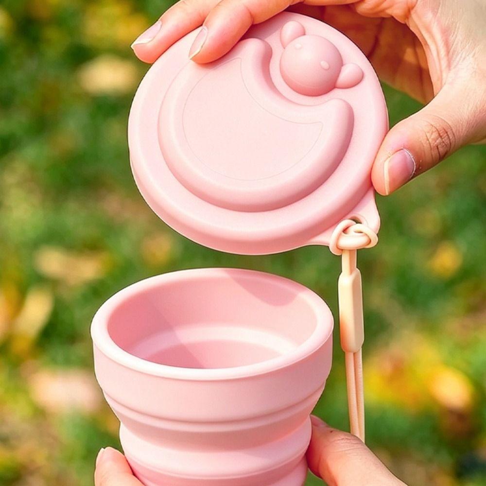 Silicone Collapsible Water Cup Portable with Wrist Strap Folding Water Bottle Cartoon Bear Lid Leakproof Portable Drinking Cup