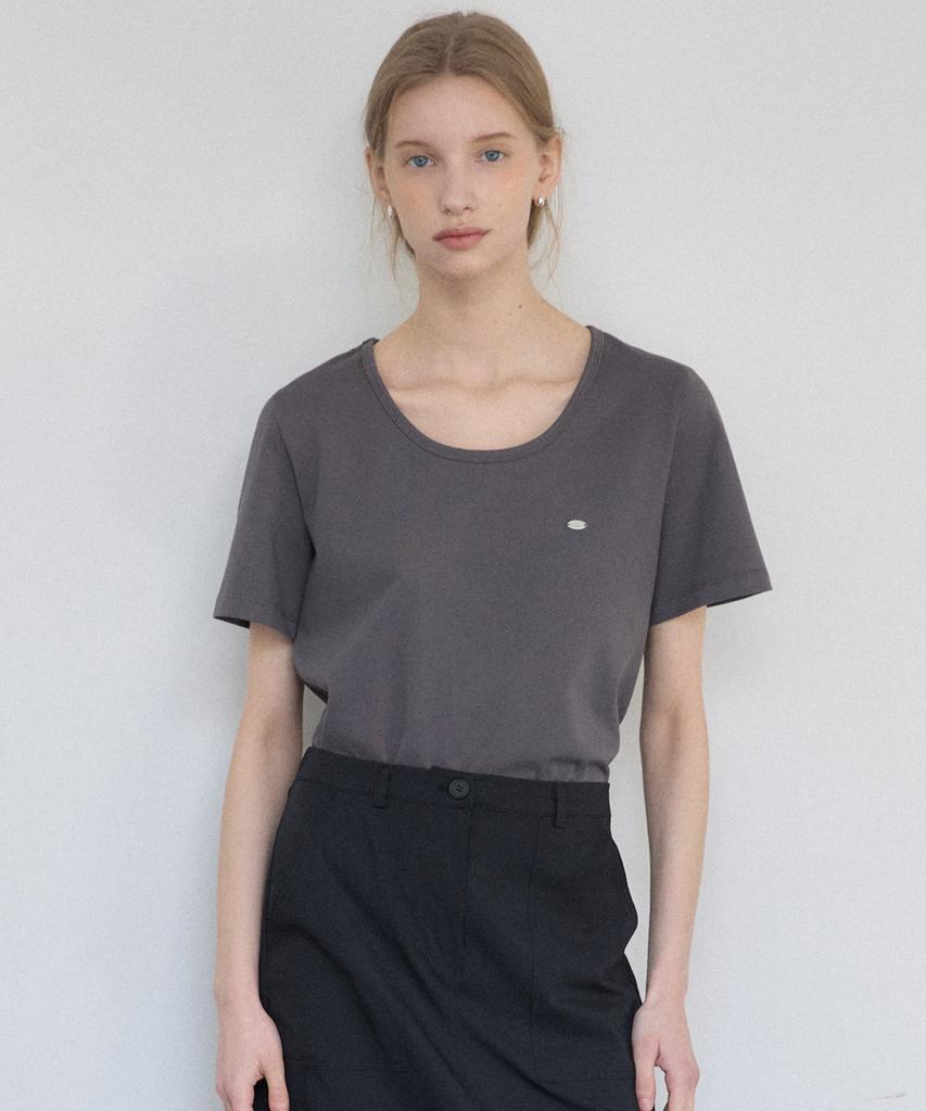 OURHOPE Logo Silky U-Neck T-Shirt - Charcoal