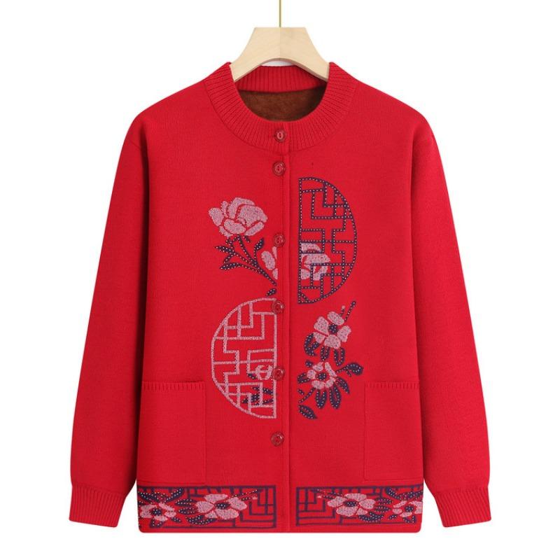 Middle-aged and elderly autumn and winter cardigan top, female grandma fleece thickened warm jacket, festive knitted sweater mother outfit