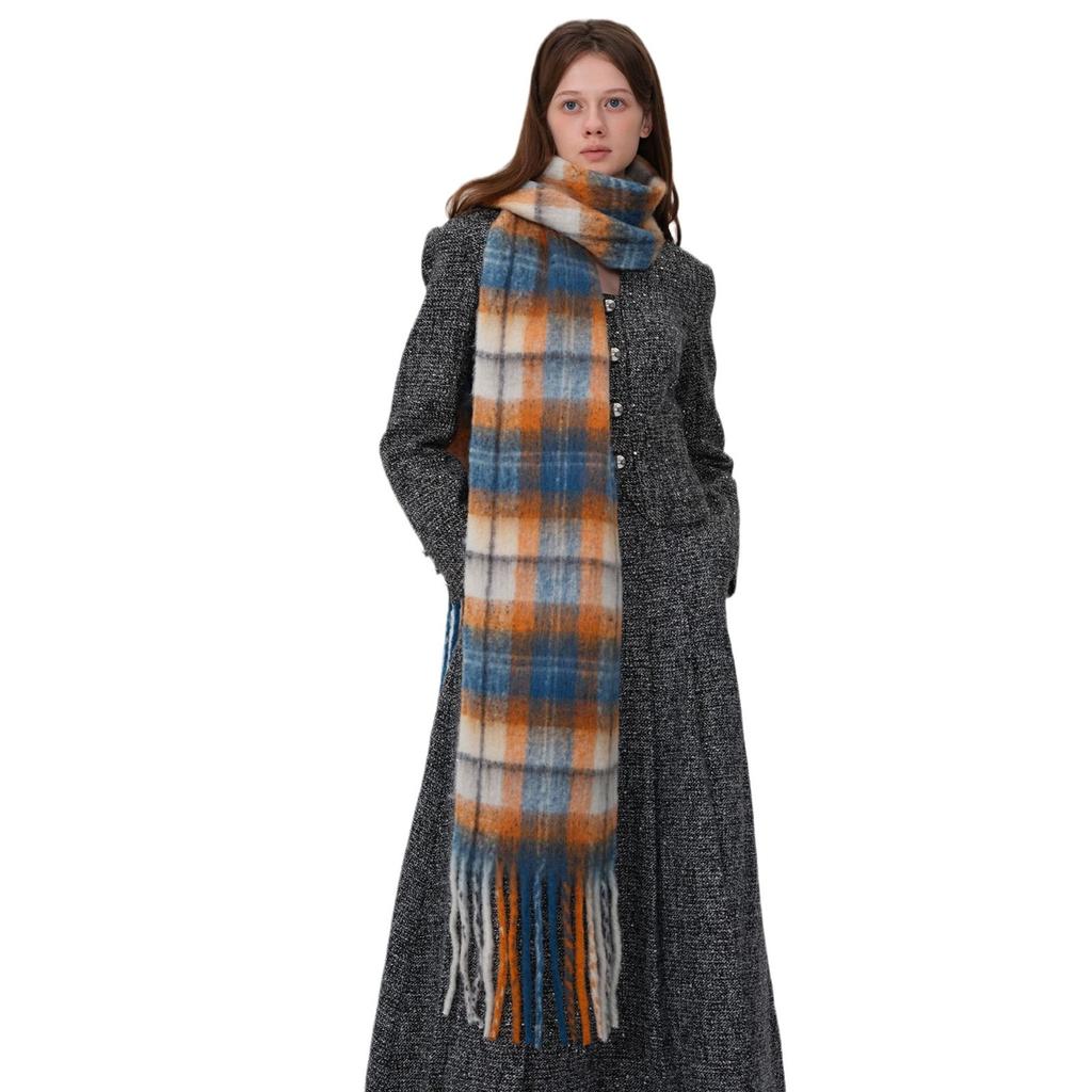 Autumn and winter new trend warm thickened comfortable contrasting color multi-color plaid fringed scarf scarf women