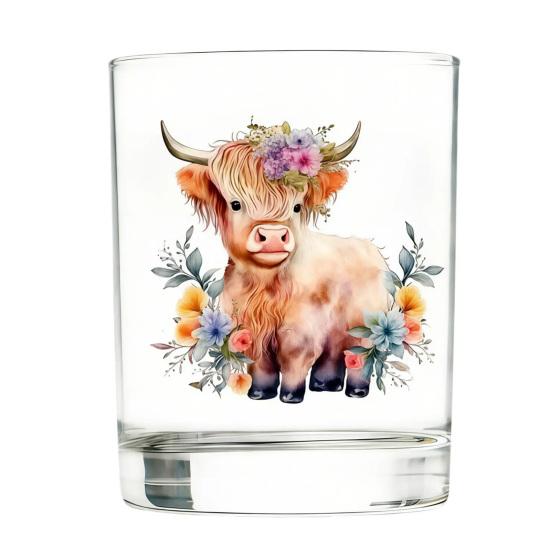 Highland Cow Glass Cup Floral Watercolor Hand Painted Tumbler E