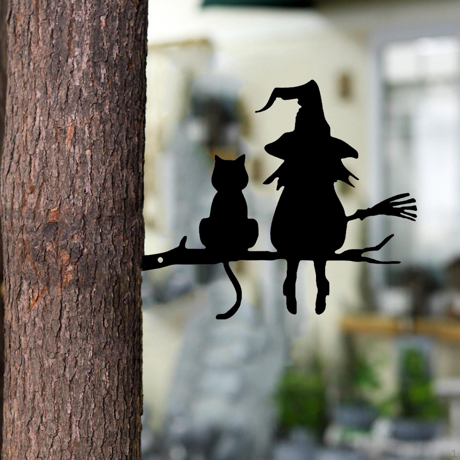 Wall Art Metal Silhouette Yard Witch and Cat Modern Cute Fairy Branch Decor for