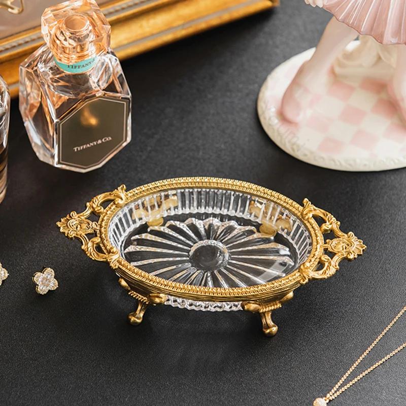 Bandejas de Vidro de Latão de Luxo Leve Escultura de Palácio Francês Brincos Bandeja de Armazenamento de Joias Organização de Entrada de Casa Bandeja Decorativa