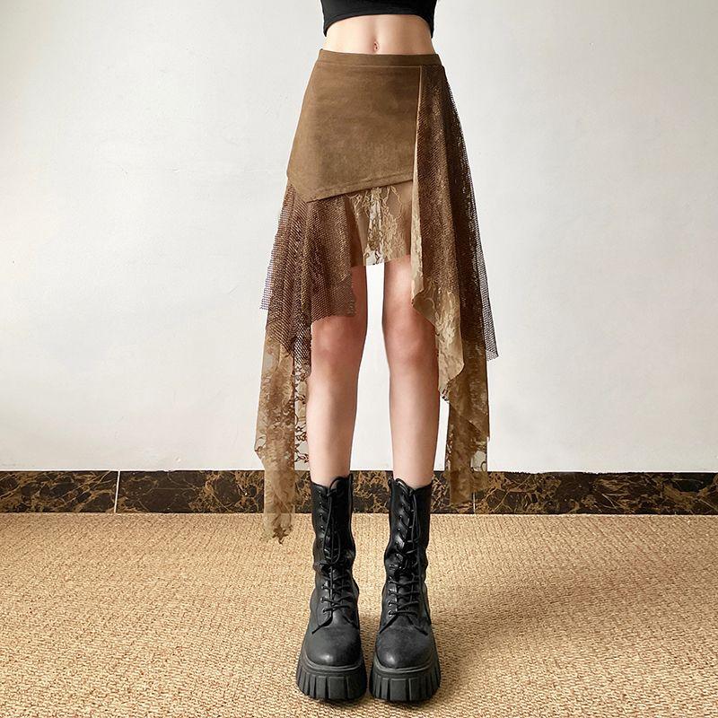 Vintage Lace High Waist Skirt Women Retro Loose Irregular Hem A Line Midi Skirts