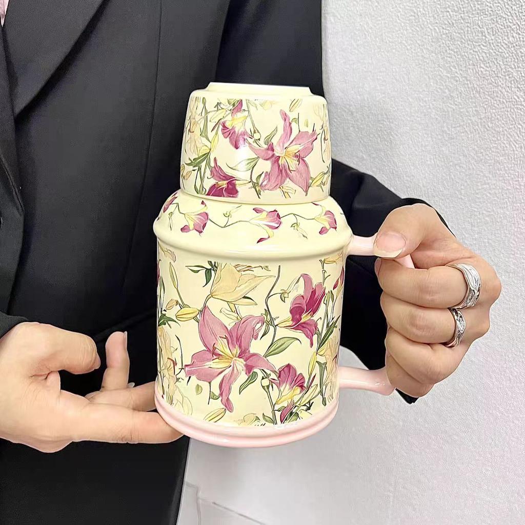 High Value Oil Painting Lily Kettle Cup Light Luxury Ceramic Water Cup Large Capacity Mug Household Afternoon Tea Water Cup