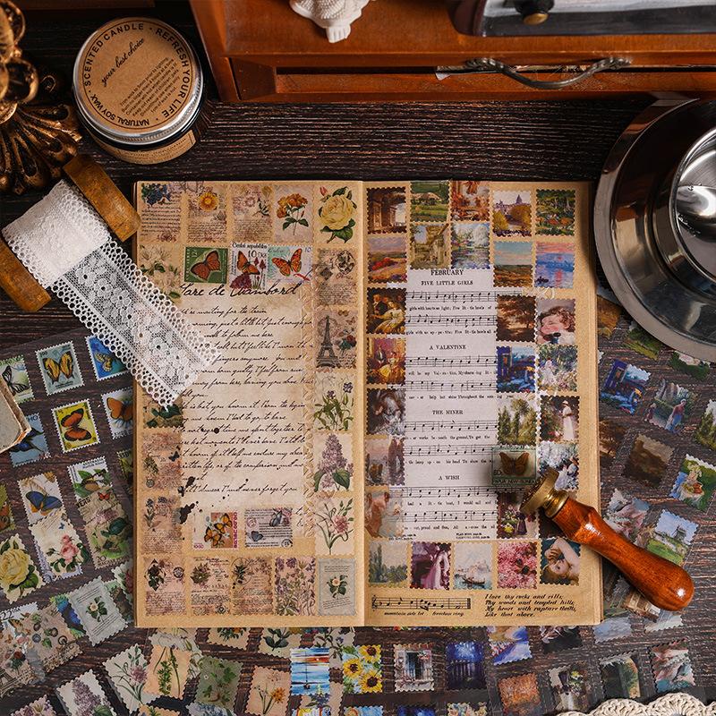 8 Sheets Vintage Stamp style Stickers Decorative Diary Album Scrapbooking material handmade DIY Junk Journal Supplies