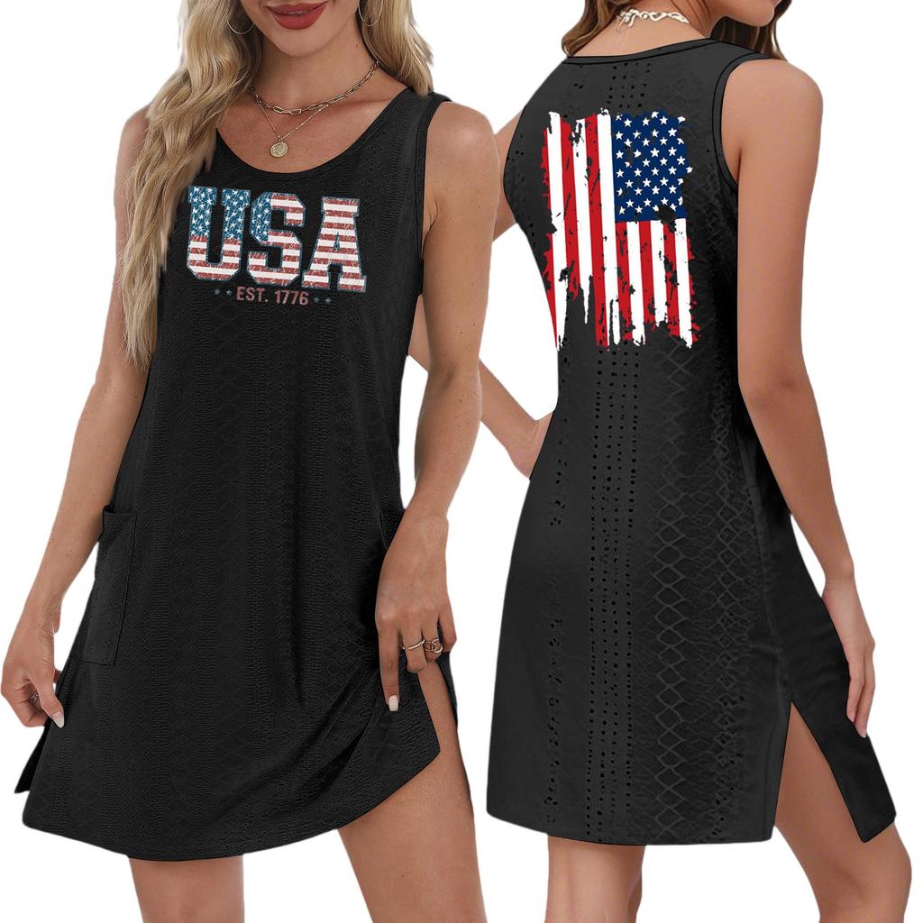 Women's Casual Fashion Breathable Independence Day Printed Pocket Hem Slit Vest Dress