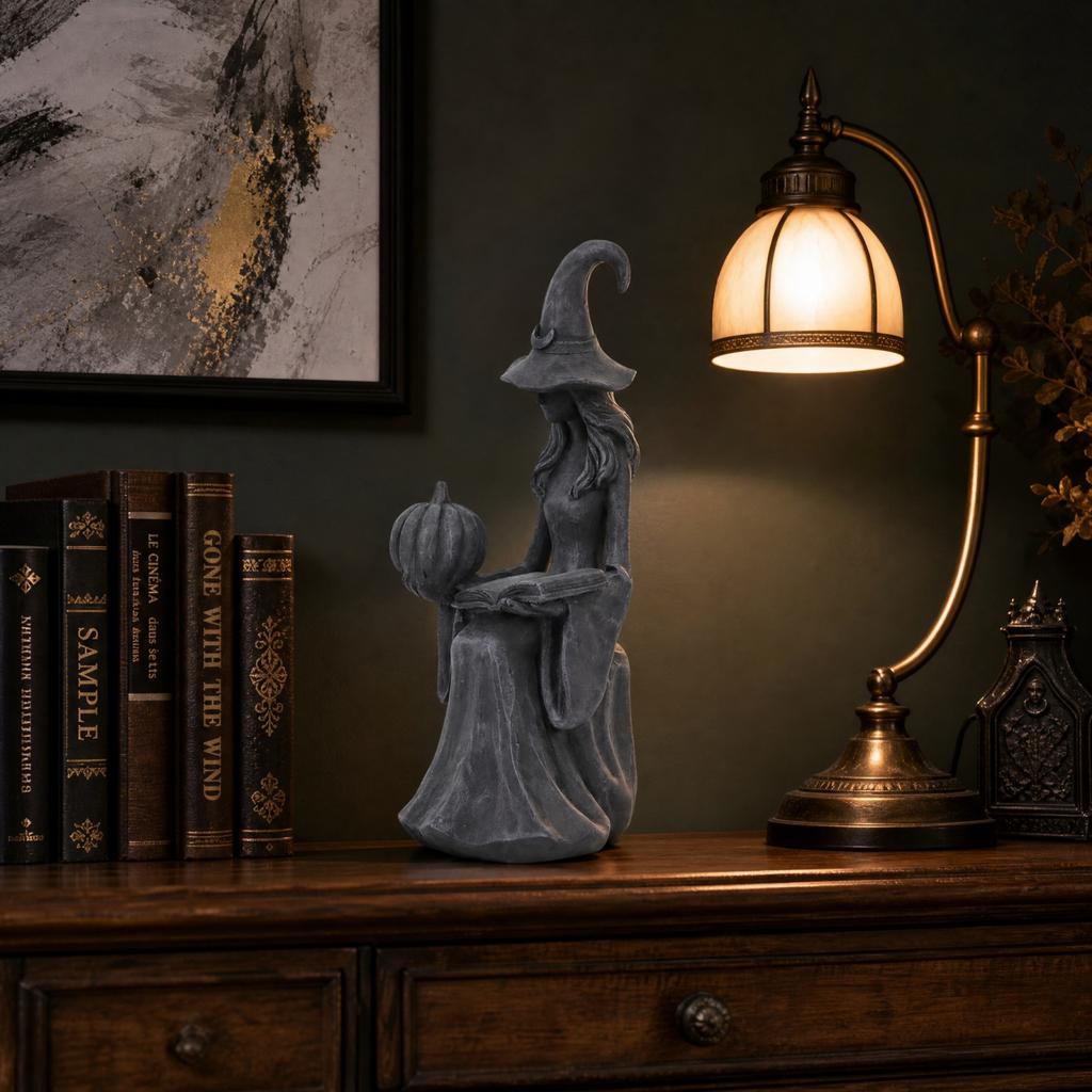 Halloween Tabletop Decoration - Black Witch Holding Book and Pumpkin Figurine for Holiday Decor