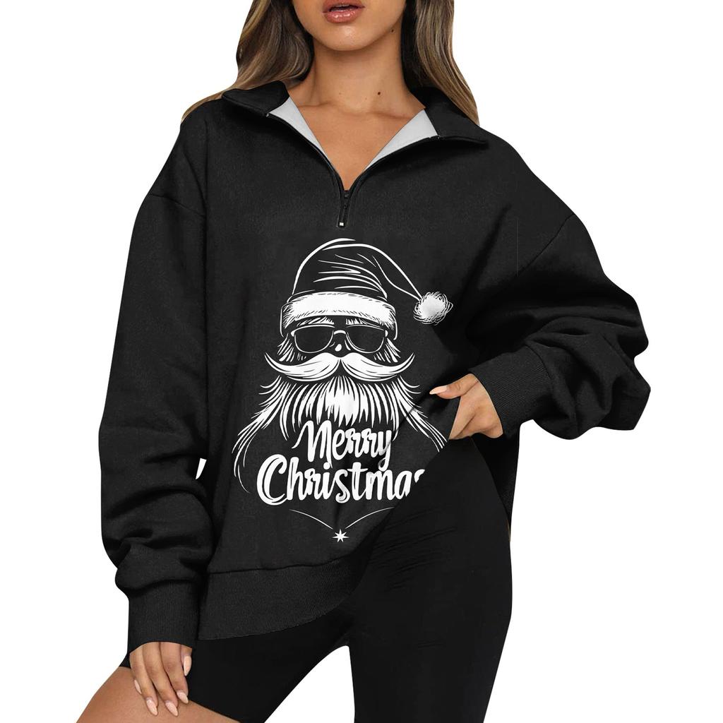 Women's Casual Fashion Long Sleeve  Print Oversize Zip Sweatshirt Top