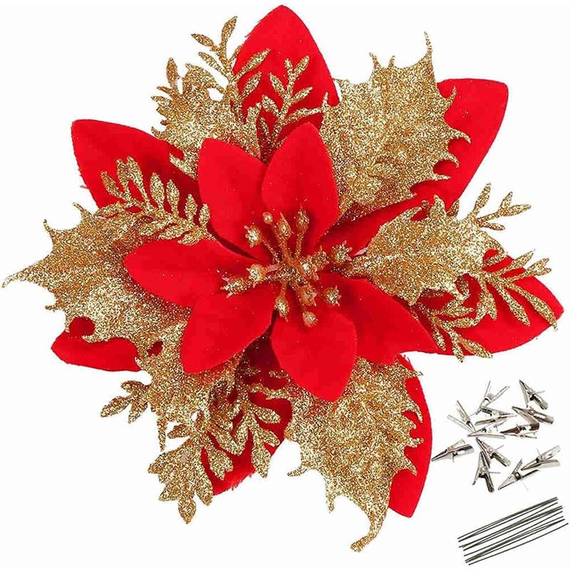 

5/10Pcs Glitter 14CM Artifical Flowers With Clips Stems Christmas Decoration Xmas Tree Decor Happy New Year Navidad 2025 Decor 5Pcs