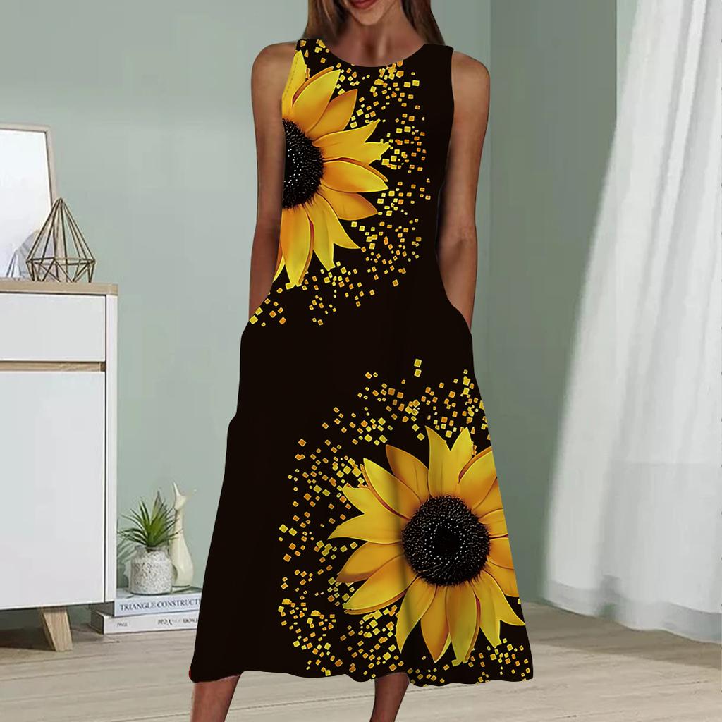 Summer Fashion Sexy Sleeveless Dress Soft Casual 3D Sunflower Print Dress Sleeveless Sling Dress