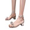Bow rhinestone thick heel sandals women's new cross belt shoes fashion middle heel design high heels