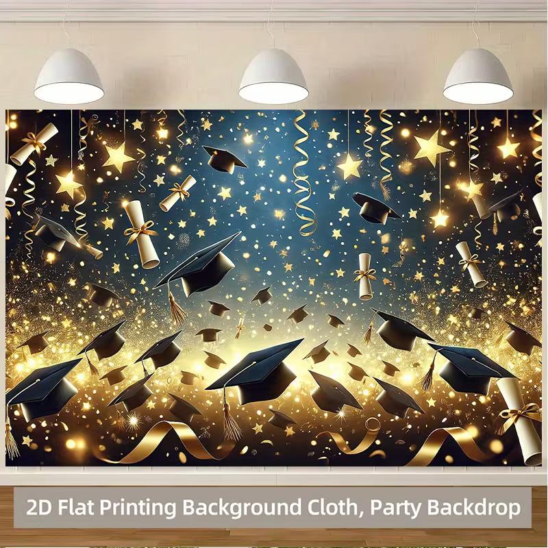 2D Class Party Backdrop Graduation Caps, Gold Stars and Streamers Party Background Cloth