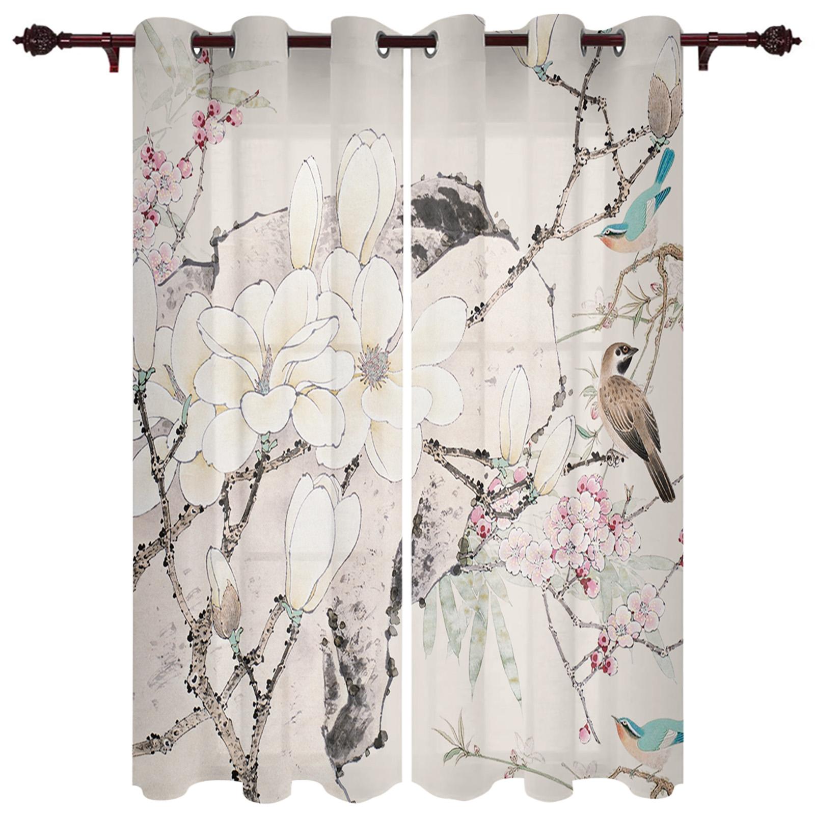 

Занавески для окон в китайском стиле с изображением цветов и птиц для гостиной, декоративные элементы для гостиной 90W x 100H(cm) x2