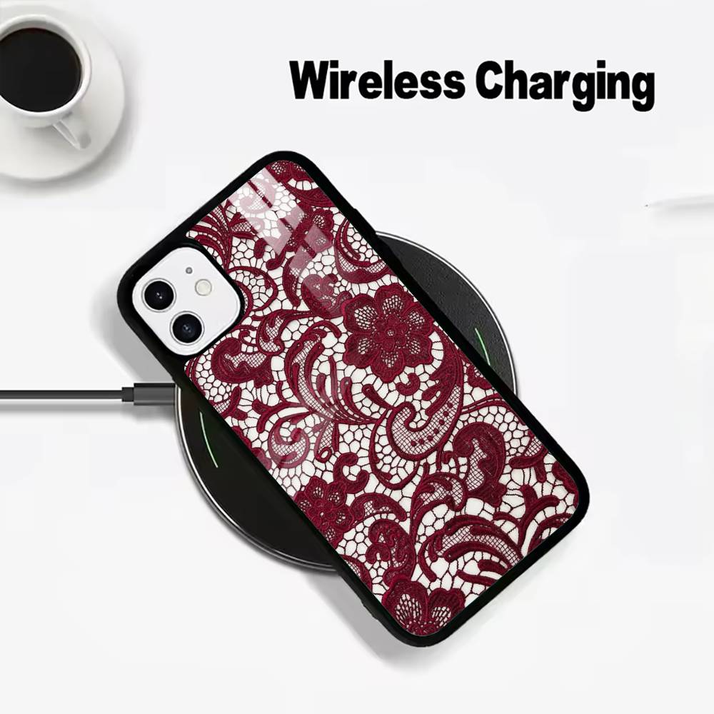 L-Lace Print Pattern Phone Case For IPhone17 16 15 14 13 12 11  Pro Max 16/15/14Plus Wireless Charger Cover Funda