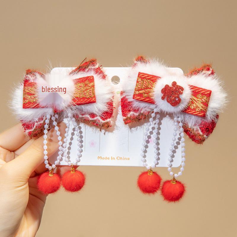 Chinese New Year Red Bow Tassel Hair Clips for Girls & Women - Cute Ancient Style Hair Accessories