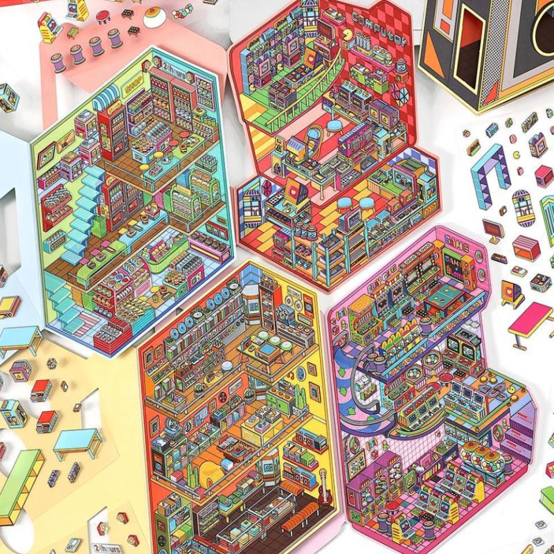 Plus Size Retro Esports Room Flip Cover Landscape Sticker Diy 3D Dopamine Color Cabin Miniature Scene Sticker Gift For Kid Child