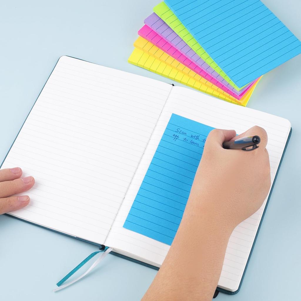 Lined Sticky Notes 4X6 in Bright Ruled Stickies Colorful Super Sticking Power Memo Pads, 45 Sheets/pad, 6 Pads/Pack