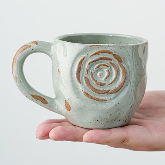 Ceramic Coffee Cup Handmade Rose Bamboo Leaf Embossed Pattern Mug 290ml Rustic Textured Mug Microwave Oven Safe Stackable Gift for Coffee Lovers