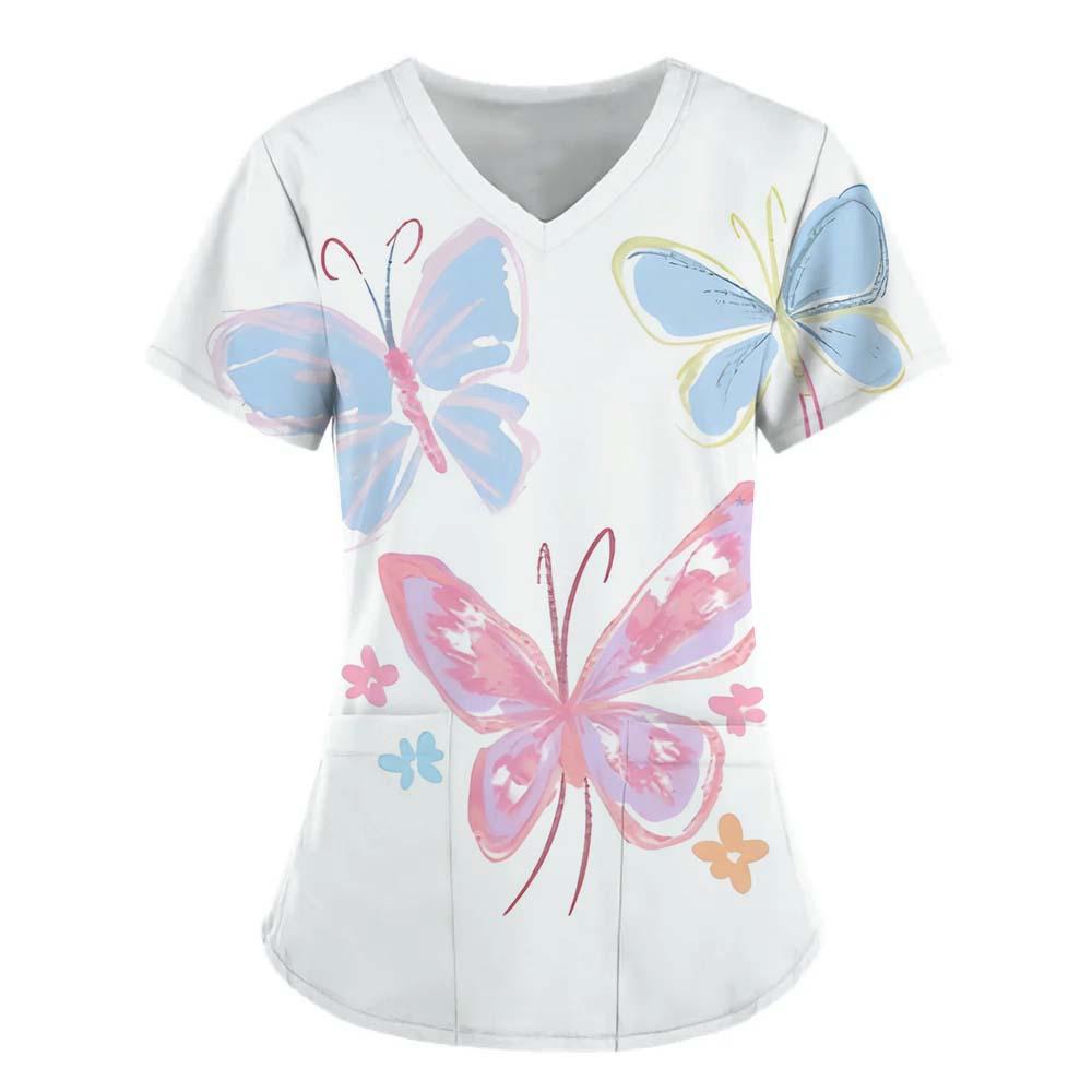 Women's T-shirt V-neck Nurse Uniform Commuting Comfortable Short Sleeved Butterfly Printed T-shirt for Women