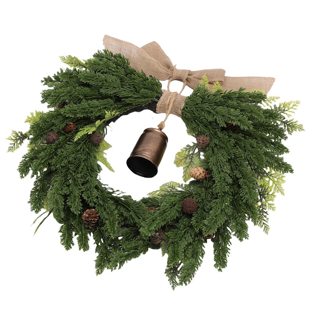 19.7 Inch Cedar Wreath Artificial Cedar Xmas Wreath with Vintage Rustic Cow Brown Linen Ribbon for Outdoor Indoor Decor