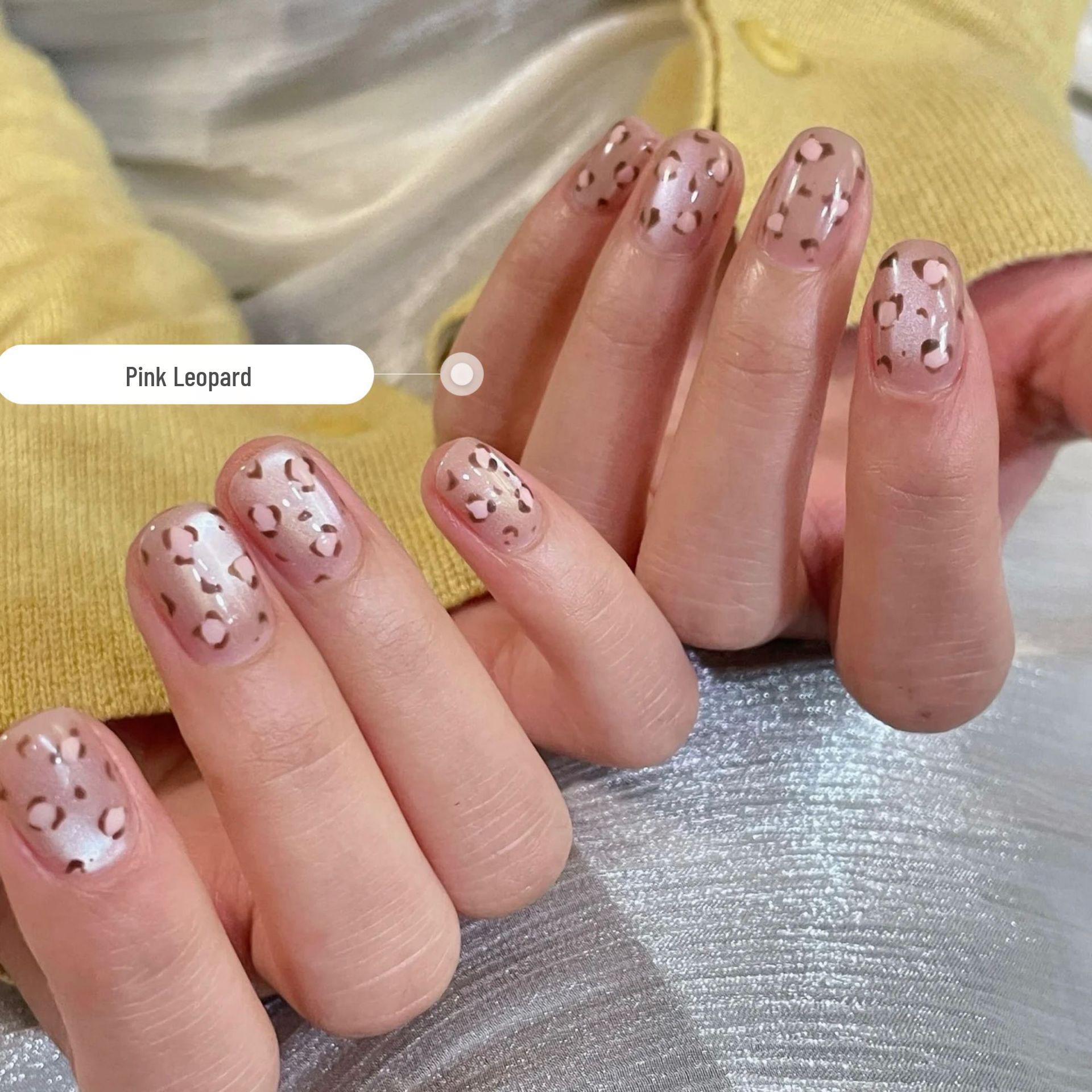 

New Style Pink Leopard Cat Eye Short Nails: Advanced Whitening False Nail Art Patches XS Size [Glue Set]