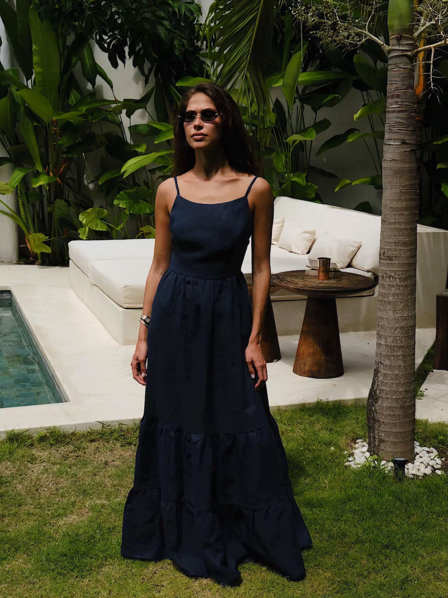 

2026 Sexy Backless Layered Beach Dress with Tie-up Long Pants - Women s European & American Vacation Wear Small