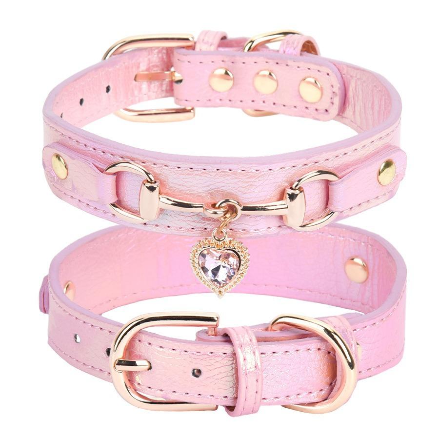 Cute Heart Rhinestone Pet Collar - PU Leather with Metal Hardware, Adjustable Neckband for Small Medium Dogs & Cats,