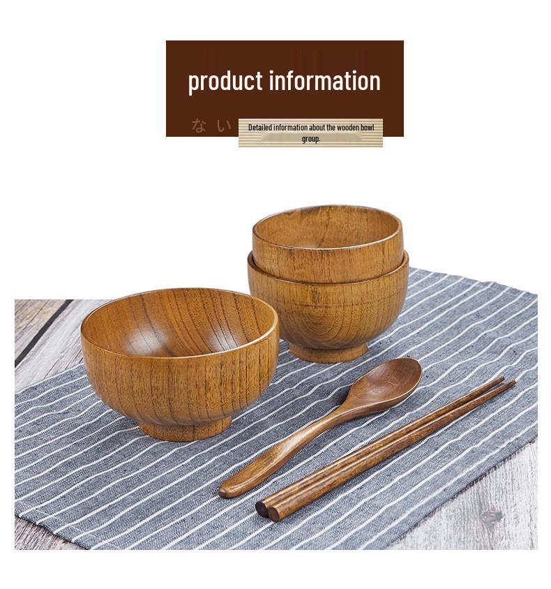Handmade Japanese-Style Solid Wood Bowl Set for Family and Children - Large, Lacquered, Retro Design, Thickened for Rice and More