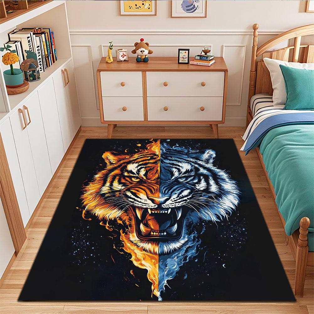 "Fiery and Icy Tiger Duality Art" Patterned carpet, suitable as a non slip play mat for the living room and bedroom sofa