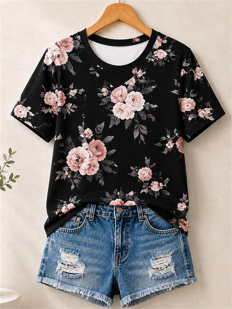 Women's Simple and Versatile Casual Short-Sleeve Floral Print Round-Neck Elegant T-Shirt Stylish Loose-Fitting Women's Top