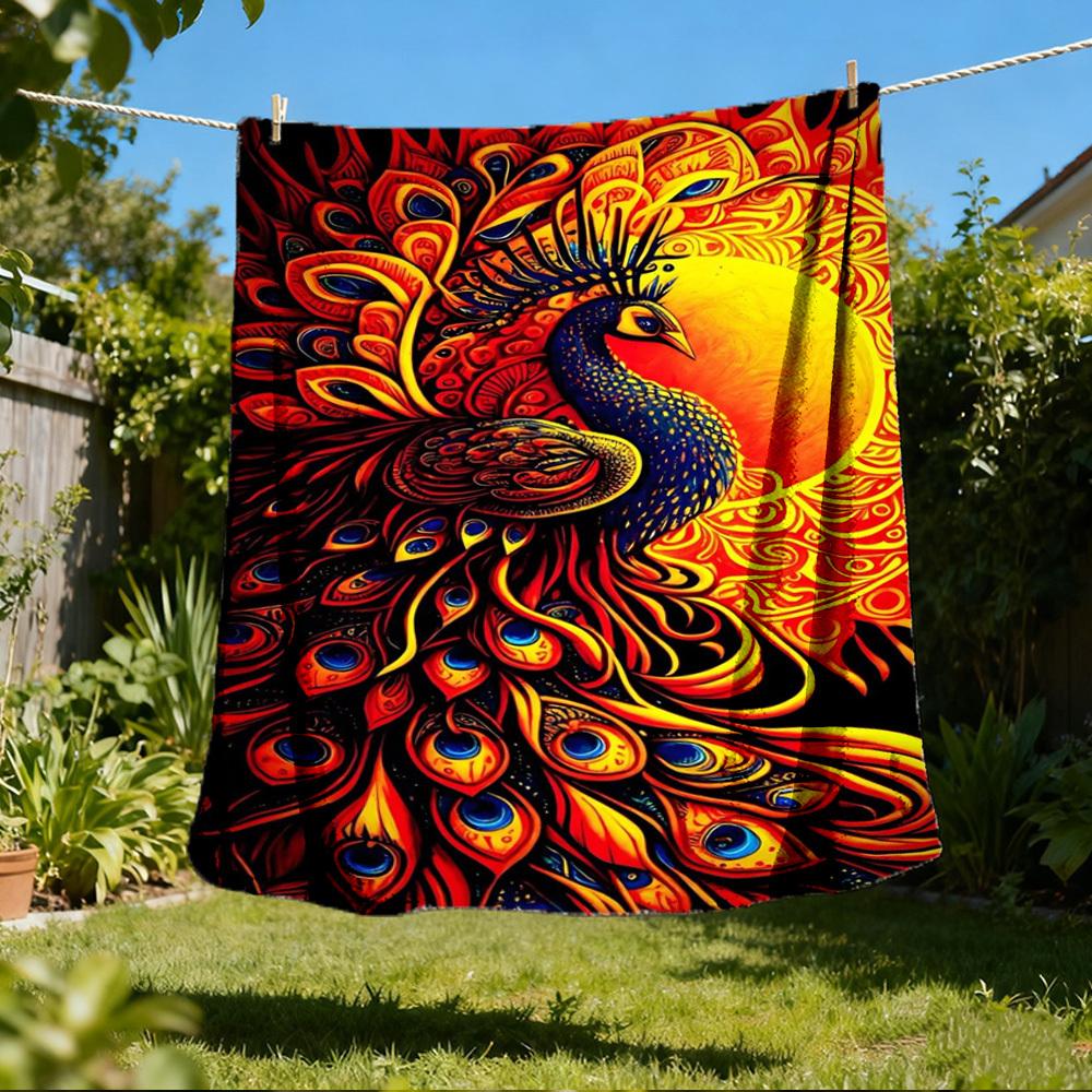 1pc Peacock Feather Print Print Outdoor Blanket, Lightweight Polyester, 80x120cm