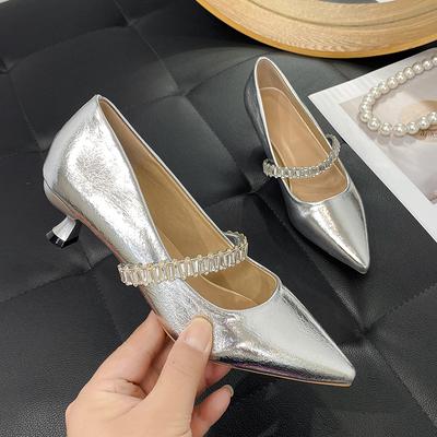 Fashion Bright Black Single Shoes with Rhinestones Low Heels Patent Leather Women Dress Shoes Pointed Toe Stilettos with Ankle Strap