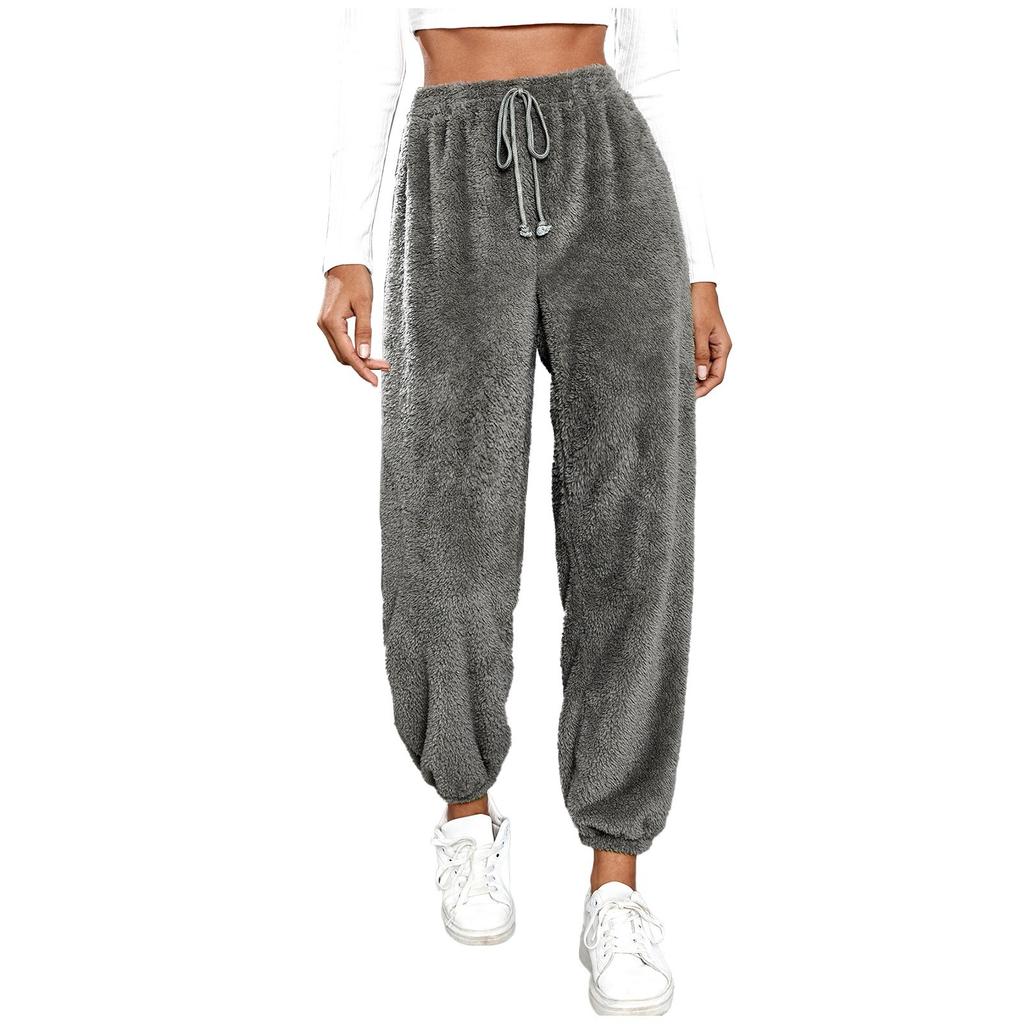 Women's Fashionable Relaxed-Fit Trousers Sporty Fleece-Lined Solid-Colour Cuffed Trousers