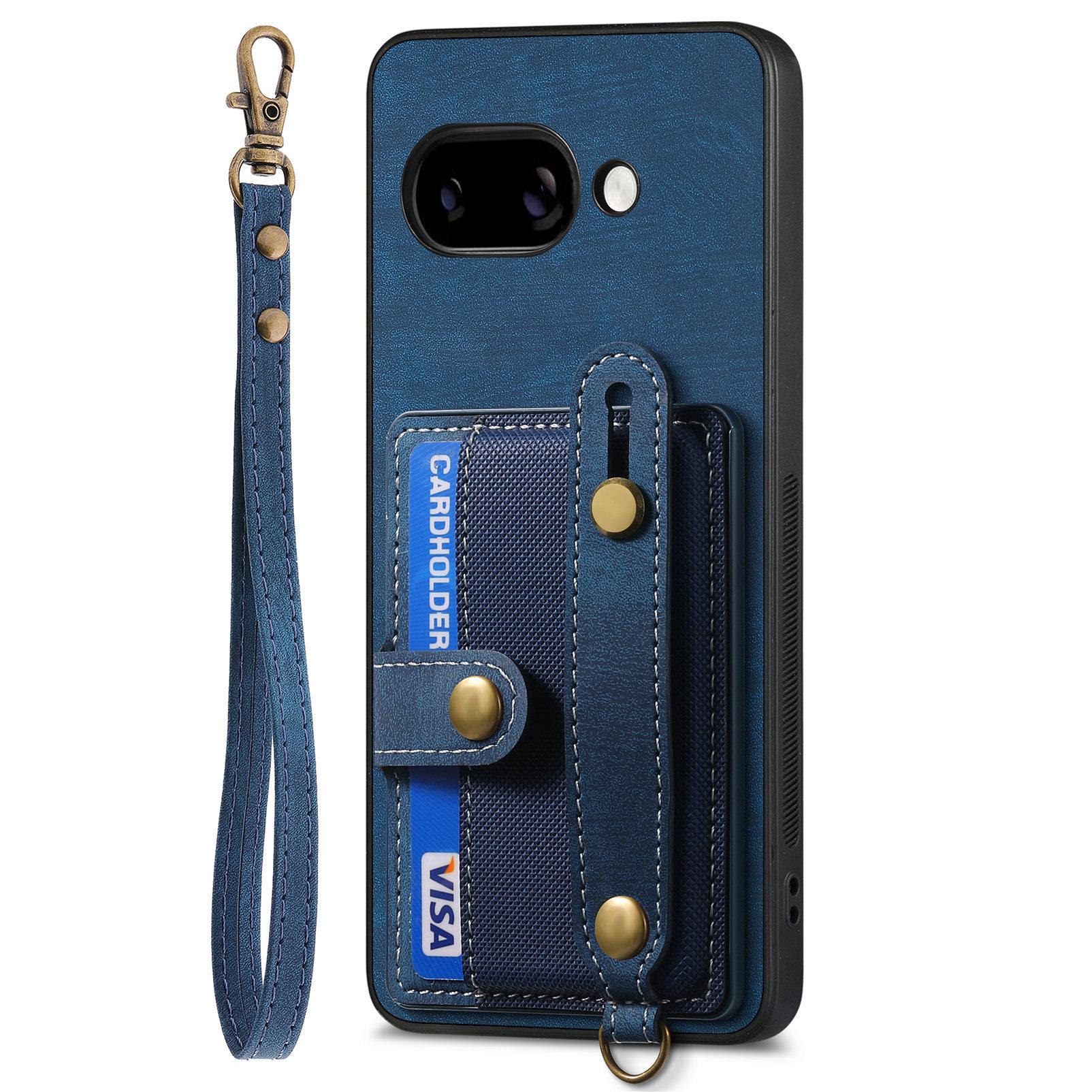 

For Google Pixel 9a Retro PU Leather Back Cover with Card Holder and Wristband Kickstand Black