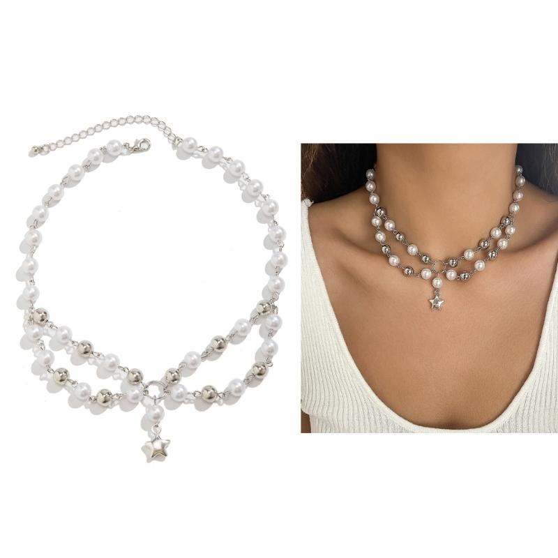 Fashionable Multilayer Star Charm Collar Necklace Adjustable Length Imitation Pearls Clavicle Chain Alloy Jewelry Gift