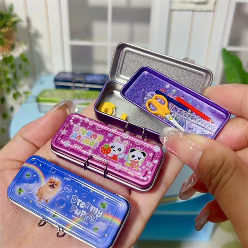 Dollhouse Miniature Double Layer Iron Pencil Box Pen Ruler Measuring Tape Scissors Model Micro Landscape Decor Pretend Play Toy