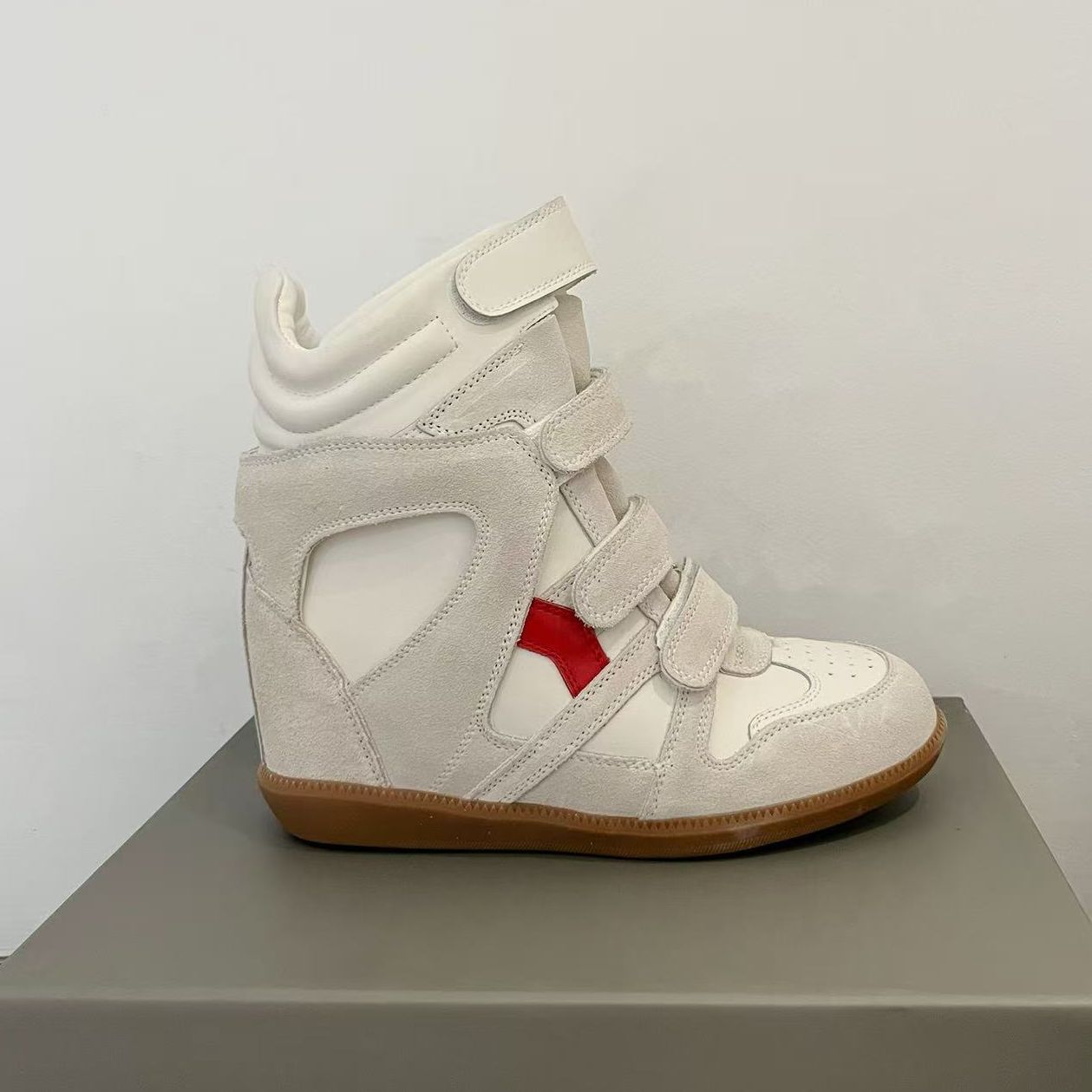 

Men Women Spring Autumn Casual Sports Shoes New 7CM Inner Height Increase Genuine Leather High top White Velcro 39